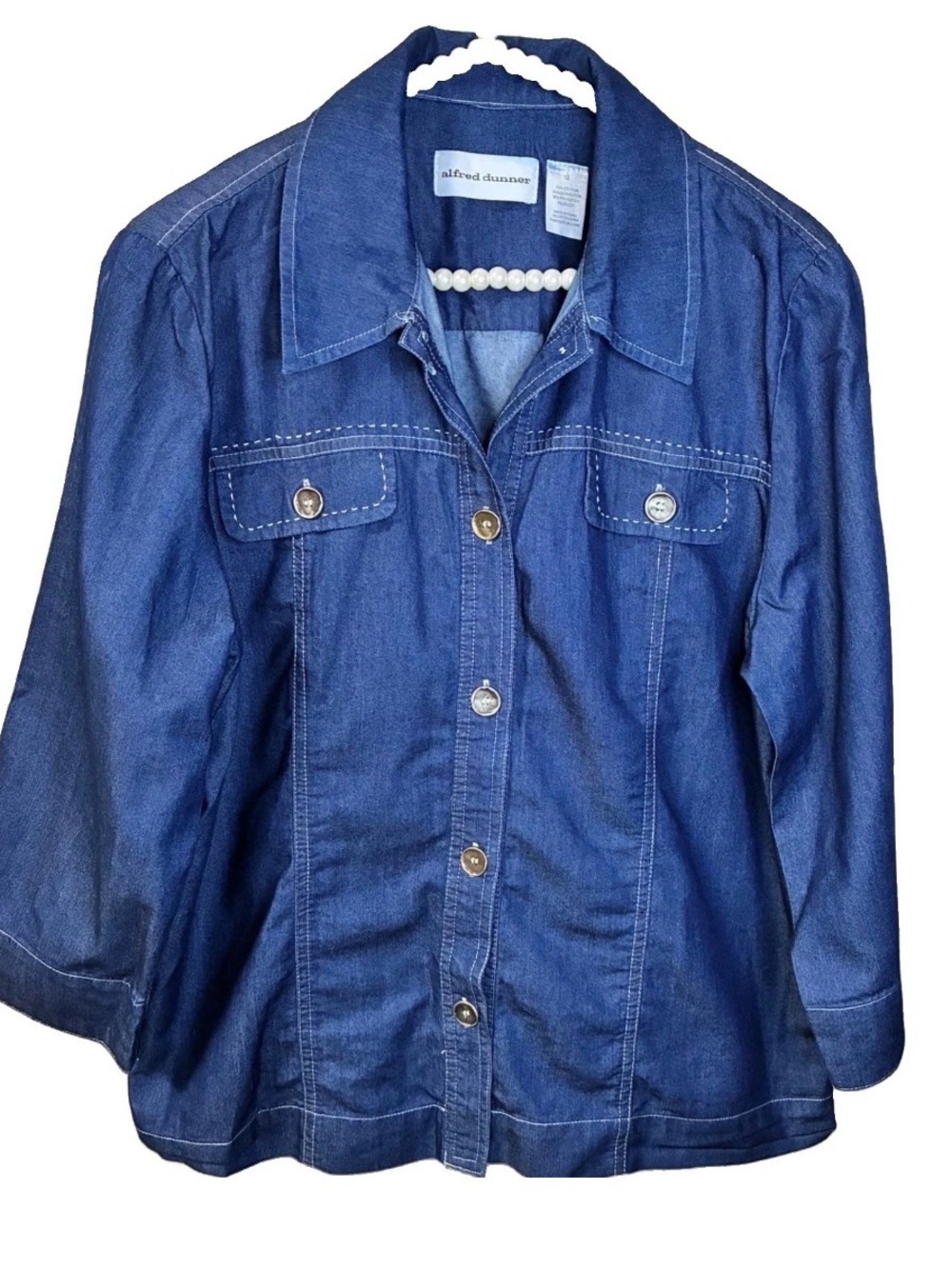 Alfred Dunner Denim Shirt Women 12 Blue Excellent 3/4 Sleeve Button down.